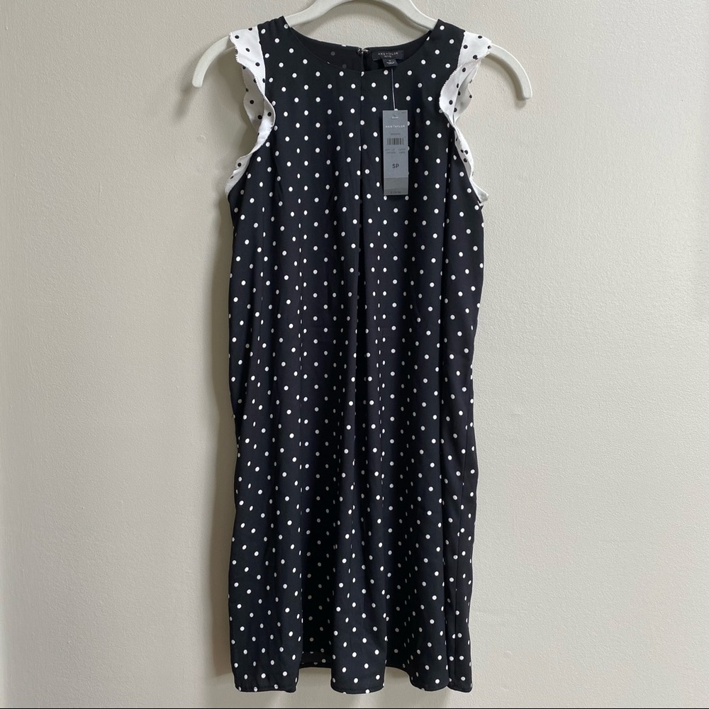 Ann Taylor Black Polka Dot Ruffle Shift Dress Size Small Petite - Picture 4 of 16